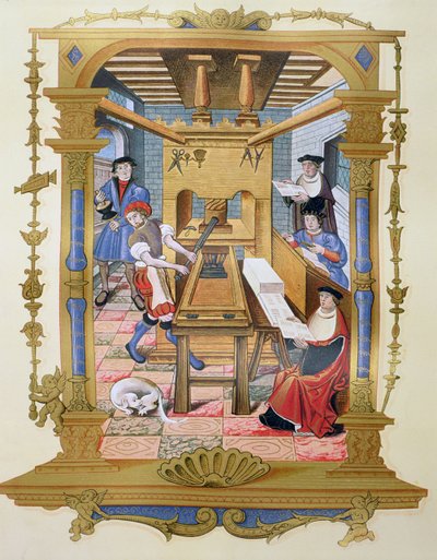 16 世纪一家印刷厂的内部，"Chants royaux sur la Conception couronnee du Puy de Rouen"（彩色石版印刷）中一幅微型画的复制品 作者 （之后）法国学校