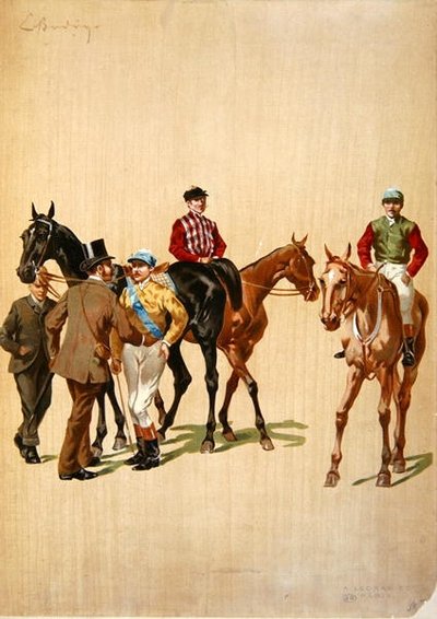 赛马场上的骑师，约1875年（彩色平印）。 作者 （之后）法国学校