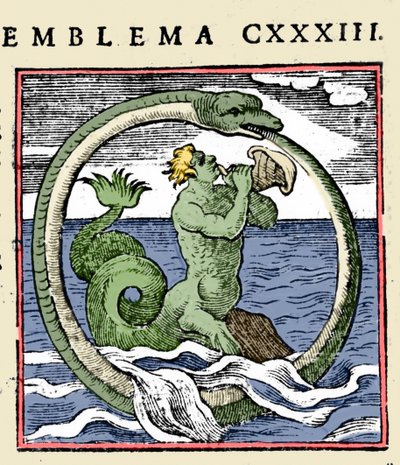 一个三叉戟和一个乌洛波洛斯，安德里亚-阿尔恰蒂的插图 "Emblemata"（Emblematum libellus）（彩色平印）。 作者 （之后）意大利学校