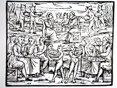 巫师的盛宴，来自米兰1608年M-Guaccius神父的 "Compendium Maleticarum "的插图副本，用于19世纪末出版的《魔法史》（木刻）。 作者 （之后）意大利学校