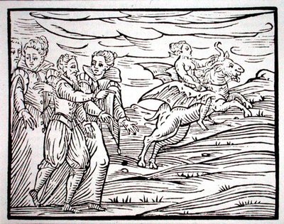 女巫骑着一只邪恶的山羊，这是1608年米兰F-Guaccius先生的《Maleticarum汇编》中的一幅插图的副本，用于19世纪末出版的《魔法史》（木刻）。 作者 （之后）意大利学校