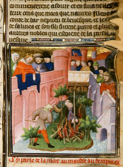 科特-尼禄 E II pt.2 fol.105 焚烧圣殿骑士团团长》，选自《Les Grandes Chroniques de France》，约 1415 年（牛皮纸）。 作者 （和工作坊）Boucicaut Master