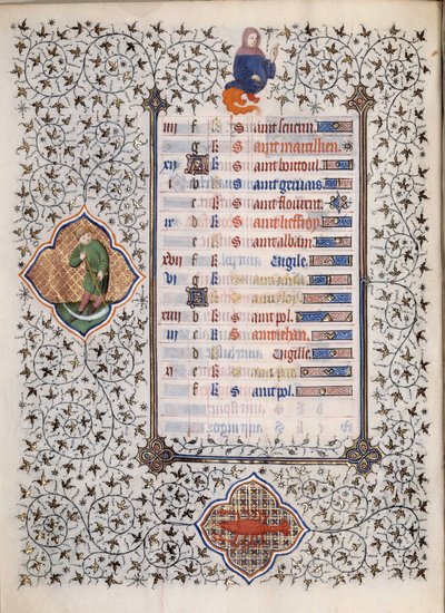 由Boucicaut大师放大的手稿 "Les Tres Riches Hours du Duke Francois de Guise "中的一页：表现黄道十二宫和日常生活场景：癌症和一个拿镰刀的人。15世纪。康德博物馆，尚蒂伊 作者 （和工作坊）Boucicaut Master