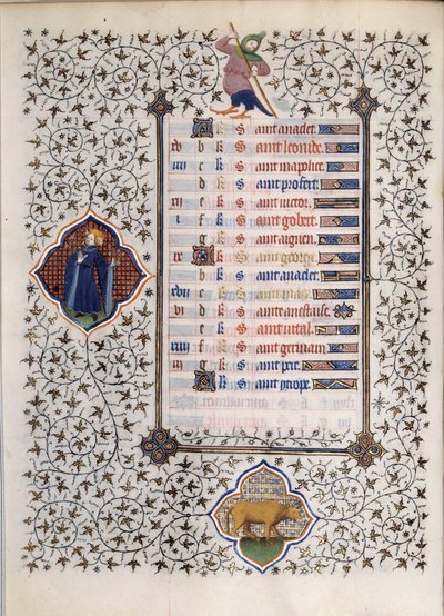 由Boucicaut大师放大的 "Les Tres Riches Hours du Duke Francois de Guise "手稿中的一页：十二星座和日常生活场景的表现：公牛。15世纪。康德博物馆，尚蒂伊 作者 （和工作坊）Boucicaut Master