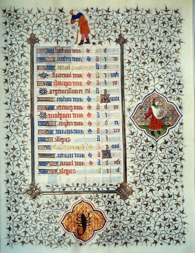 由Boucicaut大师放大的 "Les Tres Riches Hours du Duke Francois de Guise "手稿中的一页：表现黄道十二宫和日常生活场景：蝎子和种植业。15世纪。康德博物馆，尚蒂伊 作者 （和工作坊）Boucicaut Master