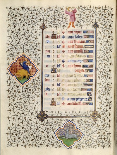 由Boucicaut大师放大的手稿 "Les Tres Riches Hours du Duke Francois de Guise "中的一页：表现黄道十二宫和日常生活的场景：摩羯座和猎杀野猪。15世纪。康德博物馆，C 作者 （和工作坊）Boucicaut Master