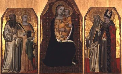 三联画。圣母与儿童，两侧是四位圣人（面板上的蛋彩画）。 作者 (attr to) Puccio di Simone
