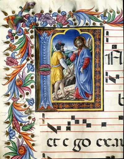 描绘基督受诱惑的装饰画 维罗纳（Liberale da Verona，1445-1529）的微型画，出自锡耶纳大教堂的唱诗班（Cod. 20/5. c.45v）。15世纪的意大利锡耶纳大教堂（Duomo）。 作者 （c.1445 1527）自由主义者达维罗纳