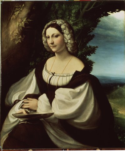 "一位女士的肖像 据信是女诗人 Ginevra Rangone 或 Veronica Gambara（1485-1550 年），她们都是科雷焦镇上的名人。安东尼奥-阿莱格里的画作，被称为《Il Correggio》（《科雷乔》）。 作者 (c.1489-1534) 科雷焦