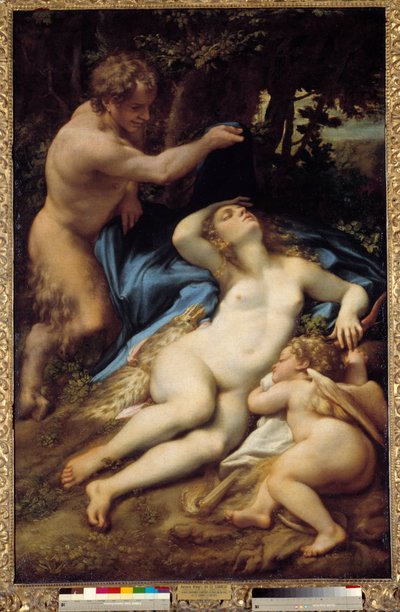 维纳斯、萨蒂尔和丘比特绘画，安东尼奥·阿莱格里 (dit Correggio 或 Le Correge 1489-1534) 1525 年 1.88x1.25米 作者 (c.1489-1534) 科雷焦