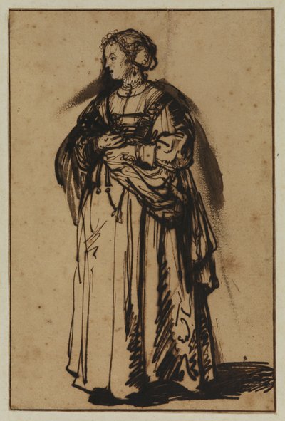 艺术家的妻子萨斯基亚站着，手里拿着鲜花 作者 伦勃朗·哈门斯 (Rembrandt Harmensz) 的工作室。范赖恩