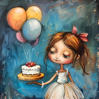 抱着生日蛋糕和气球的女孩，有框帆布打印画 作者 法赫塔利·阿卜杜勒拉希姆