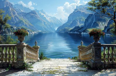 壁画打印 ：从阳台眺望湖泊和自然景观 作者 法赫塔利·阿卜杜勒拉希姆