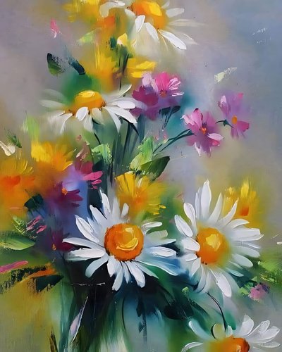 彩色花朵 帆布丙烯油画 手绘墙饰 作者 法赫塔利·阿卜杜勒拉希姆
