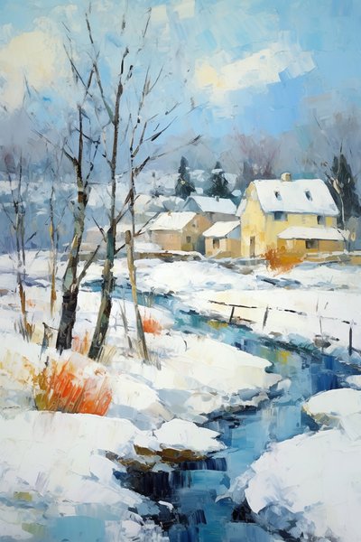 雪景中的村庄 油画 | 自然壁画打印 作者 法赫塔利·阿卜杜勒拉希姆