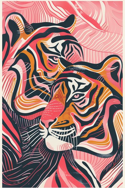 粉色、红色和橙色的老虎插画 | 在线框架海报艺术打印 作者 法赫塔利·阿卜杜勒拉希姆