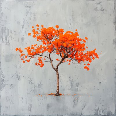 极简主义绘画：橙色树叶和灰色背景；壁画版画 作者 法赫塔利·阿卜杜勒拉希姆