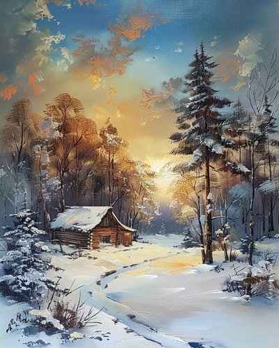 林海雪原中的小屋，冬季景观，墙面装饰创意 作者 法赫塔利·阿卜杜勒拉希姆