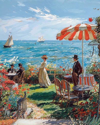 海景咖啡馆，20 世纪 20 年代的绘画，在线帆布打印 作者 F. Abderrahim