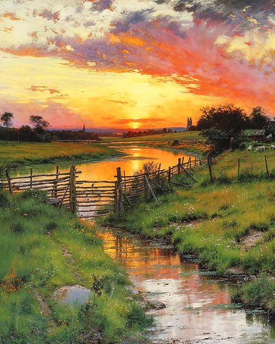 乡村蜿蜒溪流上的夕阳，在线艺术版画 作者 法赫塔利·阿卜杜勒拉希姆