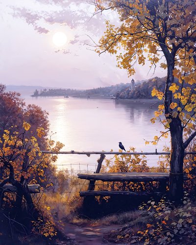 湖边乡间别墅的花园，风景画 作者 法赫塔利·阿卜杜勒拉希姆