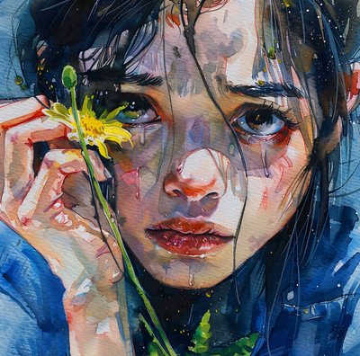 女孩抚摸黄色花朵，特写肖像，在线帆布打印 作者 法赫塔利·阿卜杜勒拉希姆