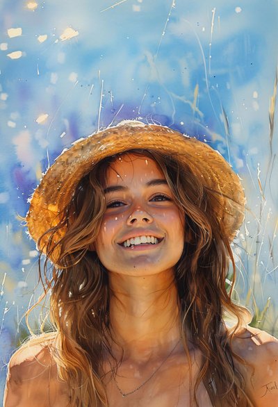 海边戴着帽子、棕色头发飘逸的美丽女子 作者 法赫塔利·阿卜杜勒拉希姆