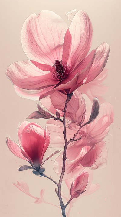 极简单线素描粉色灰色花朵，植物墙饰 作者 法赫塔利·阿卜杜勒拉希姆