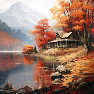 河边树林中的小屋，卧室墙面装饰画 作者 法赫塔利·阿卜杜勒拉希姆