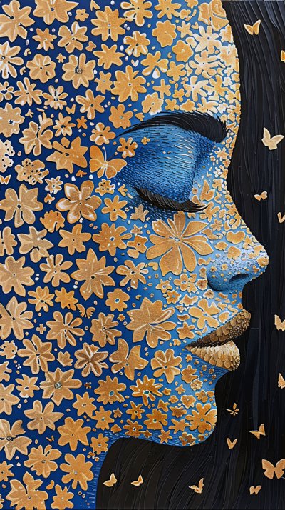 女人的脸，金箔机器人 Rangoli 花力，墙壁装饰创意 作者 法赫塔利·阿卜杜勒拉希姆