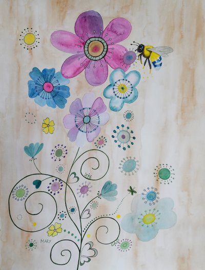 蜜蜂和它们的花朵 作者 玛丽的水彩画