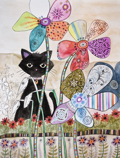 花后面的猫 作者 玛丽的水彩画