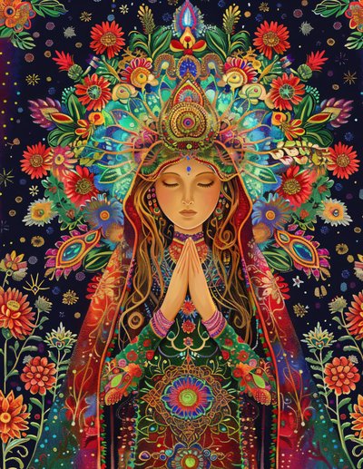美丽的女人，亚历克斯-格雷的风格，欢乐与色彩，精神与曼陀罗图案，帆布艺术印刷品 作者 法赫塔利·阿卜杜勒拉希姆
