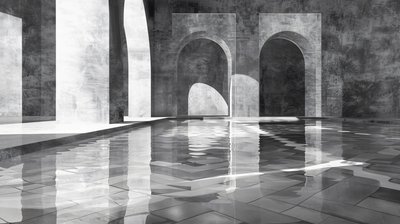 大理石宫殿中的拱门和大门、建筑、黑白、壁饰版画 作者 法赫塔利·阿卜杜勒拉希姆