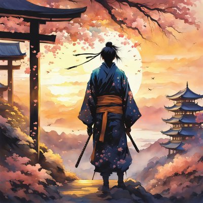 日本武士，在山上的寺庙，粉红色，定制帆布打印 作者 法赫塔利·阿卜杜勒拉希姆