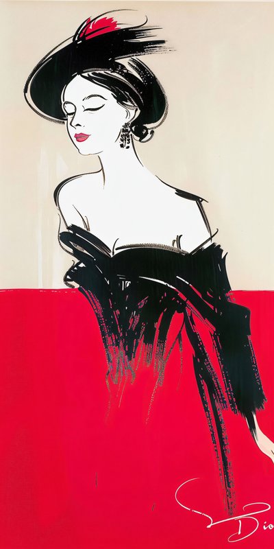 女子化妆造型，红黑连衣裙，René Gruau 灵感，60 年代时尚 作者 法赫塔利·阿卜杜勒拉希姆