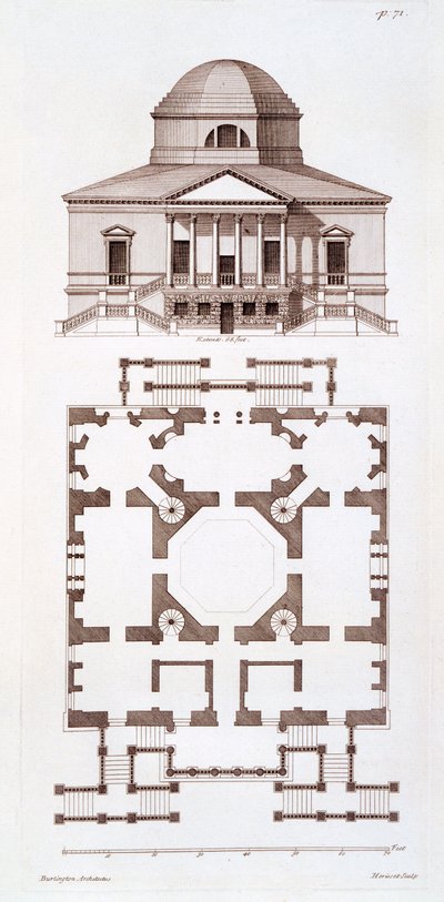 Chiswick House的平面图和立面图，由Herisset制作，1720年代 作者 伯灵顿三伯爵