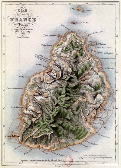 毛里求斯地图，插图来自&39;Paul et Virginie&39;作者：Henri Bernardin de Saint-Pierre（1737-1814），由Dyonnet雕刻，1836年 作者 A.H. Dufour