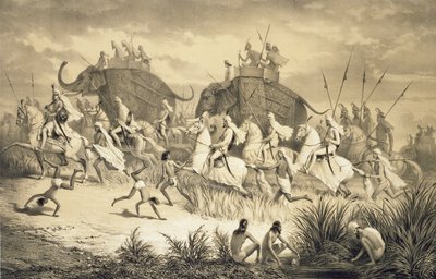 锡克教酋长骑大象的队列，来自《印度之旅》，由 Louis Henri de Rudder (1807-81) 雕刻。 在伦敦 作者 A.（之后）索尔特科夫