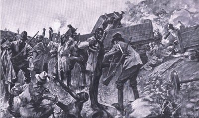 Taaibosch附近火车的破坏，来自比勒陀利亚之后：游击战争由Harmsworth Bros Limited出版，1901年 作者 AC球