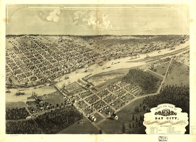 密歇根州海湾市、朴茨茅斯、韦诺娜和萨尔茨堡的鸟瞰图，1867 年。LOC 73693424 作者 一个;芝加哥平版印刷公司鲁格