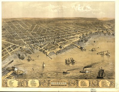 密歇根州马斯基根市鸟瞰图，1868 年。 作者 一个;芝加哥平版印刷公司鲁格