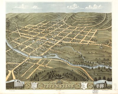 1871 年宾夕法尼亚州克劳福德县泰特斯维尔市鸟瞰图。LOC 73694524 作者 一个;芝加哥平版印刷公司鲁格