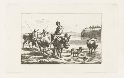 风景与牧羊女骑着骡子和牧羊人与牛 作者 Nicolaes Pietersz Berchem (可能)