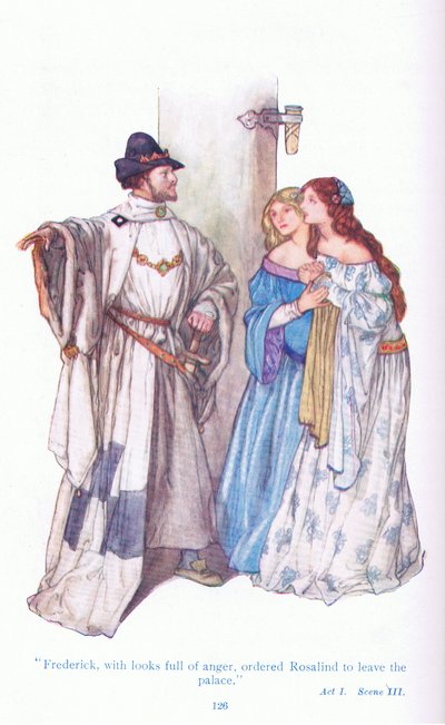 Frederick with looks of anger, ordered Rosalind to leave the palace (As You Like It), from Tales from Shakespeare pub. by Ward Lock & Co Ltd 作者 杰克逊