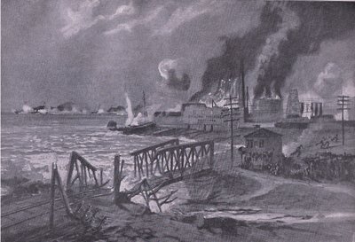 奥匈帝国鱼雷驱逐舰摧毁巴里（意大利）的一个造船厂，出自 The Illustrated History of the World War 1914-1915 酒吧。 by Union Berlagsefellfchaft 作者 基尔（A. Kircher）