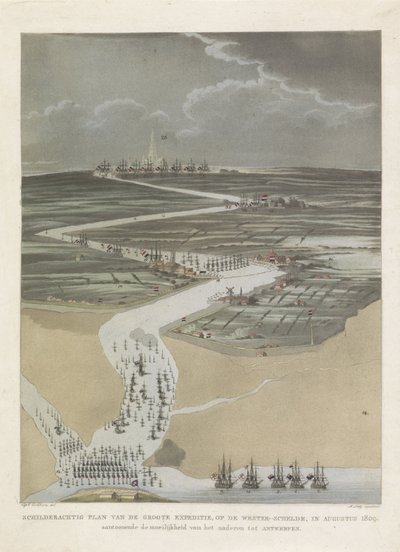 1809 年英国远征安特卫普
1809 年 8 月大远征在西斯海尔德河上的风景图，显示接近安特卫普的困难（标题在实物上） 作者 A·卢茨