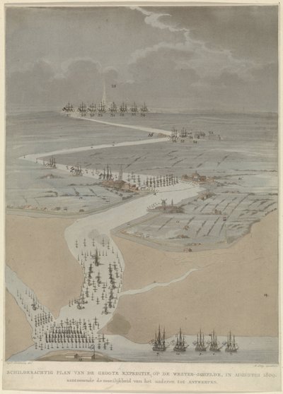 鸟瞰西斯海尔德河与英国、荷兰和法国舰队，1809 年
1809 年 8 月在西斯海尔德河上的伟大远征风景图（标题在实物上） 作者 A·卢茨