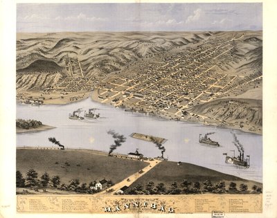 密苏里州马里恩县汉尼拔市鸟瞰图，1869 年。LOC 73693475 作者 A.鲁格