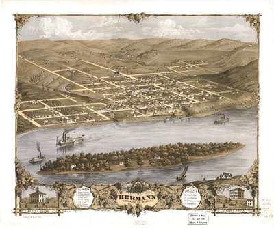 密苏里州加斯科纳德公司赫尔曼市鸟瞰图，1869 年。LOC 73693476 作者 A.鲁格